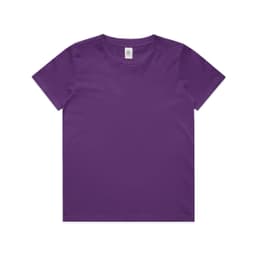 A purple youth t-shirt with a round neck and short sleeves, featuring a logo on the label.