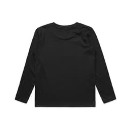 A black long-sleeve t-shirt for kids, featuring a plain design and a logo on the back.