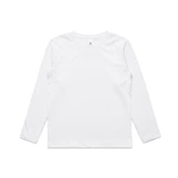 A white long-sleeve t-shirt for kids, featuring a simple design and a logo on the label.
