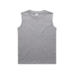 A grey sleeveless tank top displayed flat. The garment features a label and has a simple, classic design.