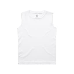 A white sleeveless tank top featuring a logo, designed for kids in a classic style.