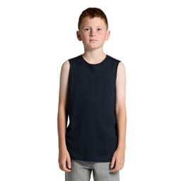 A youth tank top in navy blue, featuring no sleeves and a simple design. It includes a logo on the front.