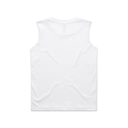 A white sleeveless tank top with a plain back, featuring a logo.