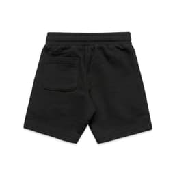 Black kids' stadium shorts featuring a back pocket and an elastic waistband.