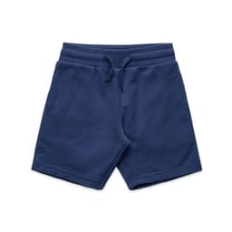 Navy blue kids' sports shorts with an elastic waistband and drawstring, featuring a logo.