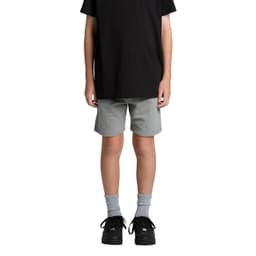 Youth stadium shorts in grey, displayed on a child wearing a black top and black shoes, with socks visible.
