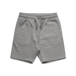 Grey youth stadium shorts with an elastic waistband and drawstring. Features a logo on the front.