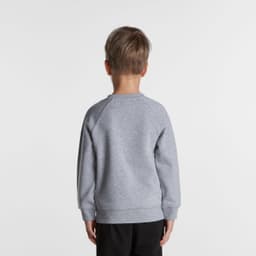 A grey jumper for kids with a crew neck and long sleeves, viewed from the back. It has a simple design and a logo.