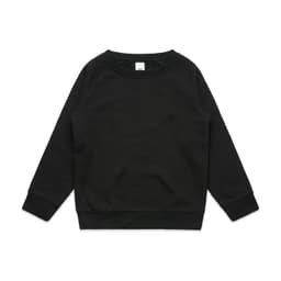 A black jumper featuring long sleeves and a crew neckline, designed for kids with a logo on the inside.