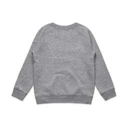 A grey jumper with a simple design, featuring long sleeves and ribbed cuffs and hem. It has a logo on the back.