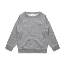 A grey crew jumper with long sleeves and a ribbed neckline and hem. It features a branding logo.