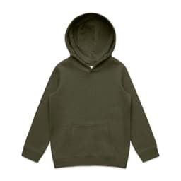 A green hoodie featuring a front pocket and a hood, designed for kids. It has a logo on the label.