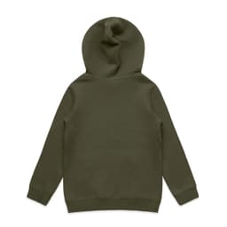 A green hoodie with a back view, featuring a hood and long sleeves. It has a smooth, plain surface and a logo.