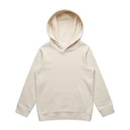 A cream-coloured hoodie with a large hood and a front pocket. It features a subtle logo.