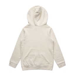 A light beige hoodie featuring a large hood and long sleeves. The back is plain with no visible branding.