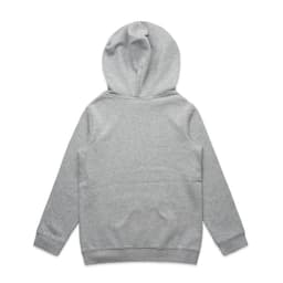 A grey hoodie featuring a kangaroo pocket and a hood, showcasing a plain back design. It includes a logo.