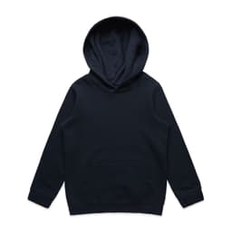 A dark navy hoodie with a large hood and a front pocket, featuring a logo.