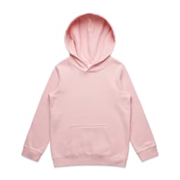 A pink hooded jumper featuring a kangaroo pocket and a hood. The product has a branding logo.