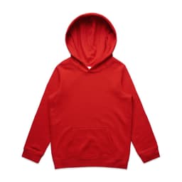 A red hoodie with a front pocket and a large hood. It features a logo on the front.