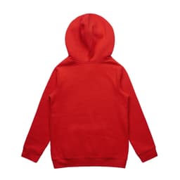 A red hoodie featuring a hood, with long sleeves and a simple design. It has a logo on the back.
