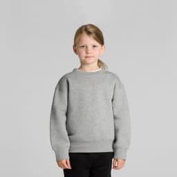 A grey jumper for kids, featuring a relaxed fit and long sleeves, with a branding logo on the front.