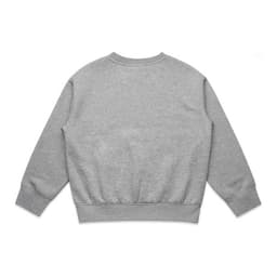 A grey jumper with a crew neck and long sleeves, featuring a fitted waistband and a branding logo.
