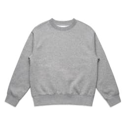 A grey crew neck jumper with long sleeves and ribbed cuffs, featuring a logo.