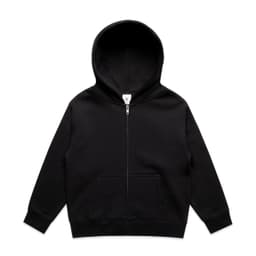 A black zip hoodie for kids with a hood and front pockets, featuring a logo on the label.