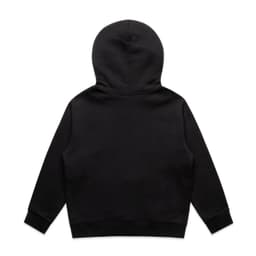 A black hoodie with a zip and a hood. The back features a smooth, seamless design. It has a logo.