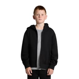 A black zip-up hoodie worn by a young person, featuring a front pocket and a hood. It has a logo on the chest.