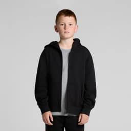 A youth zip hoodie in black, featuring a front zip, hood, and side pockets, styled with a grey t-shirt underneath.