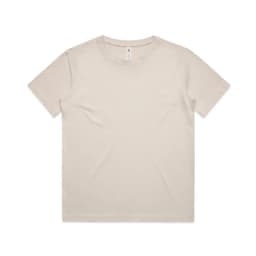 A beige kids' T-shirt featuring a simple design. It includes a brand logo tag on the inside.