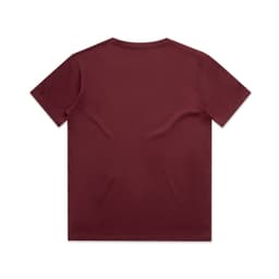 A maroon kids' t-shirt with short sleeves and a plain back, featuring a logo on the front.