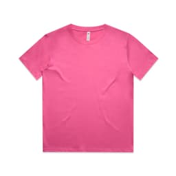 A pink kids' T-shirt with a classic crew neckline and short sleeves. It features a logo on the label.