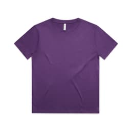 A purple kids' t-shirt with a round neckline and short sleeves, featuring a logo on the brand label.