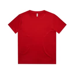 A red kids' T-shirt with a round neckline and short sleeves. It has a simple design and includes a logo.