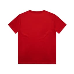 A red kids' T-shirt with a plain back and short sleeves. It features a logo or branding.