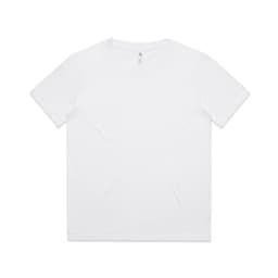 A white kids' t-shirt with a round neck and short sleeves, featuring a logo on the inside label.