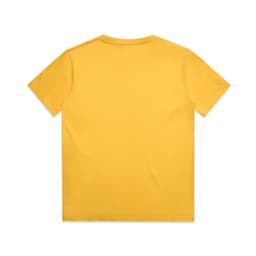 A plain yellow children's t-shirt with a standard round neckline and short sleeves, featuring a logo.
