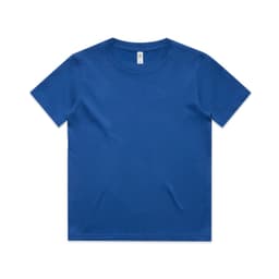 A blue youth t-shirt with a round neck and short sleeves, featuring a logo.
