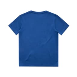 A blue youth t-shirt with a plain back and no visible design elements. It features a logo on the label.