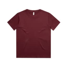 A maroon youth t-shirt with a simple design and a label inside. It has a standard fit and round neckline.