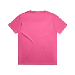 A pink youth t-shirt featuring a plain back design and short sleeves. Includes a logo on the fabric.