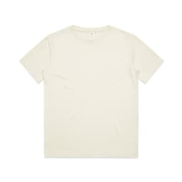 A plain cream T-shirt with a round neck and short sleeves, featuring a small logo on the label.