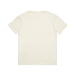 A plain off-white youth t-shirt with short sleeves and a simple design, featuring a logo on the label.