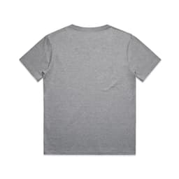 A grey youth t-shirt with short sleeves and a plain back. It features a logo.
