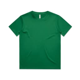 A green youth t-shirt displayed flat, featuring a simple design and a logo on the label.