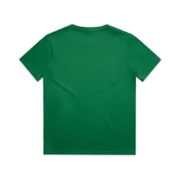A green youth t-shirt with a simple design and a smooth fabric texture, featuring a logo on the back.