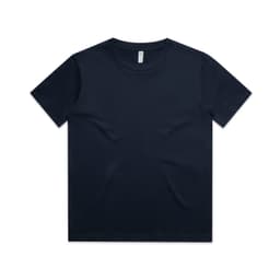 A navy blue youth t-shirt with a classic crew neck and short sleeves, featuring a logo.