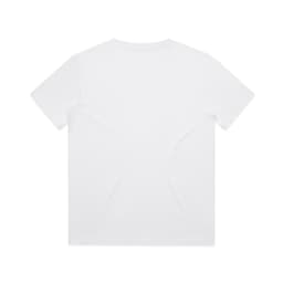 A plain white youth t-shirt featuring a round neckline and short sleeves. It has a logo on the back.